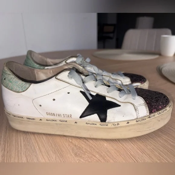 Golden Goose Hi Star White Leather Sneakers with Purple Glitter and Black Star - Picture 7 of 15